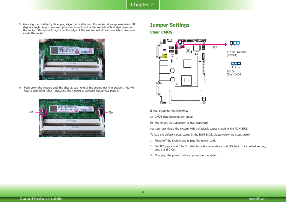 Jumper settings, Chapter 2 | DFI CD951-C series User Manual | Page 10 / 55