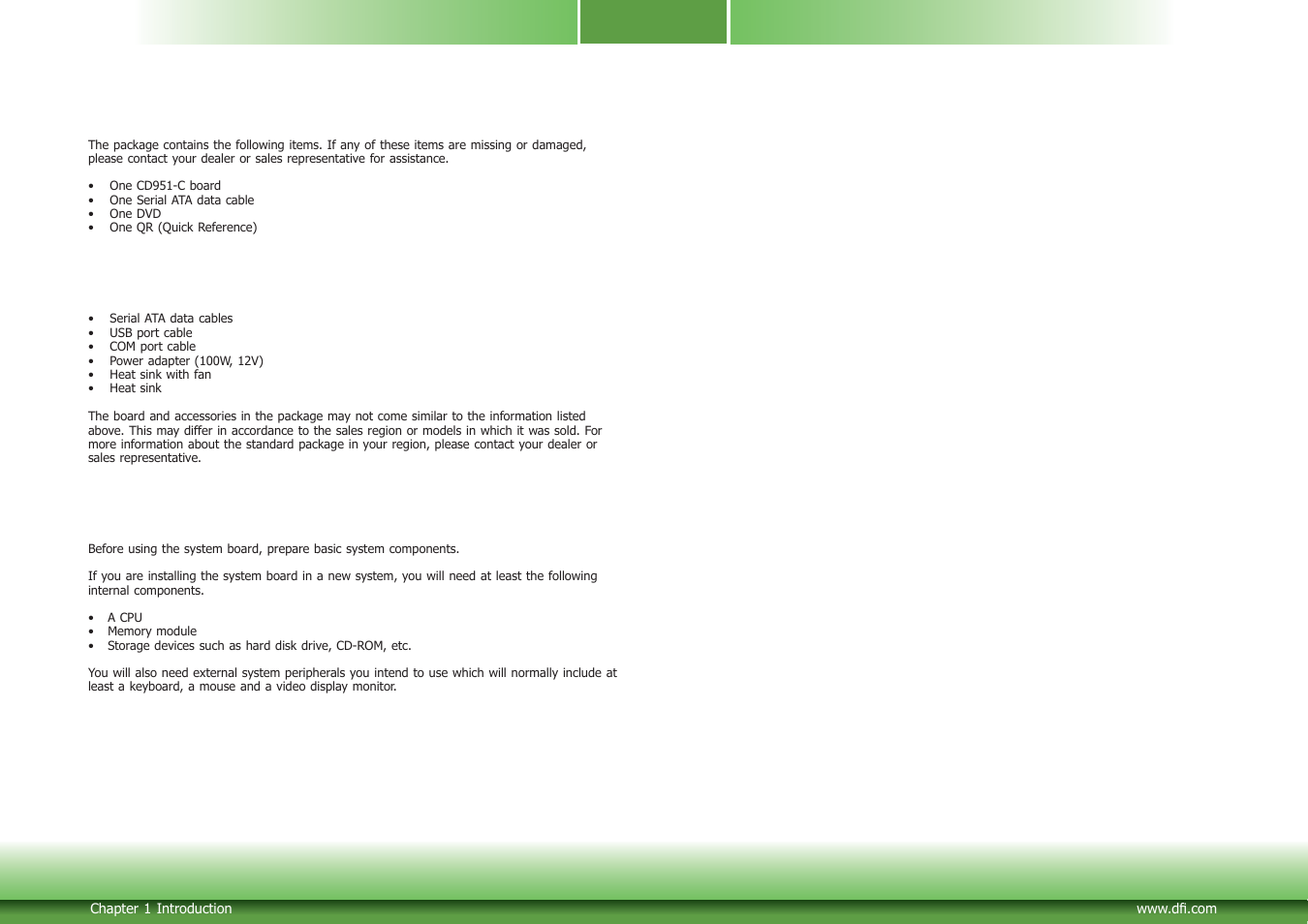 About the package, Before using the system board, Optional items | DFI CD951-C series User Manual | Page 5 / 55