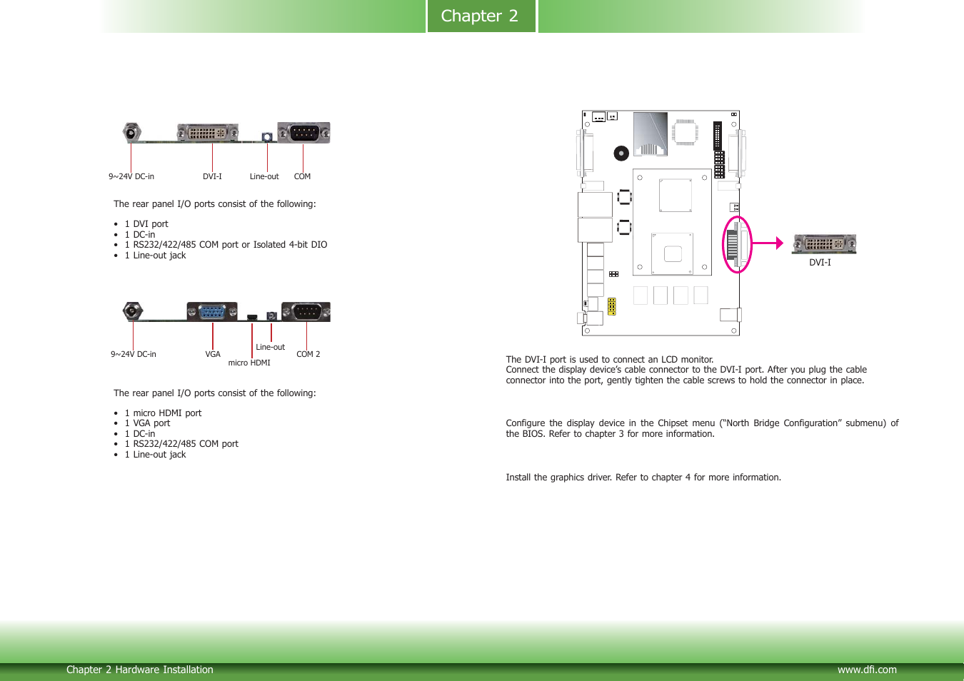 Rear panel i/o ports, Chapter 2 rear panel i/o ports, Dvi-i port | Bios setting, Driver installation | DFI CD952 series User Manual | Page 15 / 69