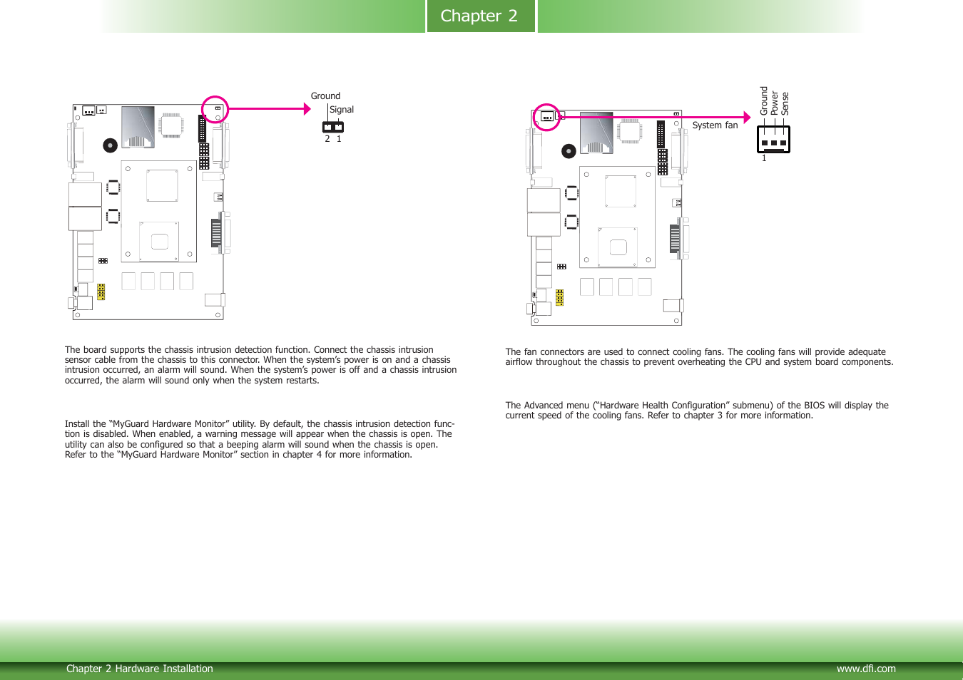 Chapter 2, Chassis intrusion connector, Cooling fan connectors | DFI CD952 series User Manual | Page 20 / 69
