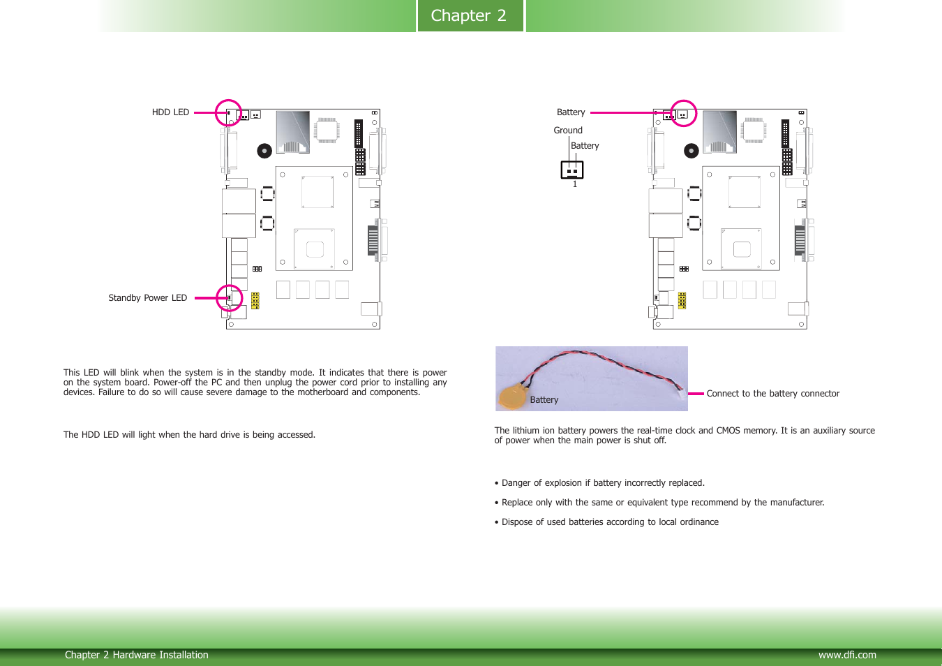 Chapter 2, Leds, Standby power led | Hdd led, Battery | DFI CD952 series User Manual | Page 21 / 69