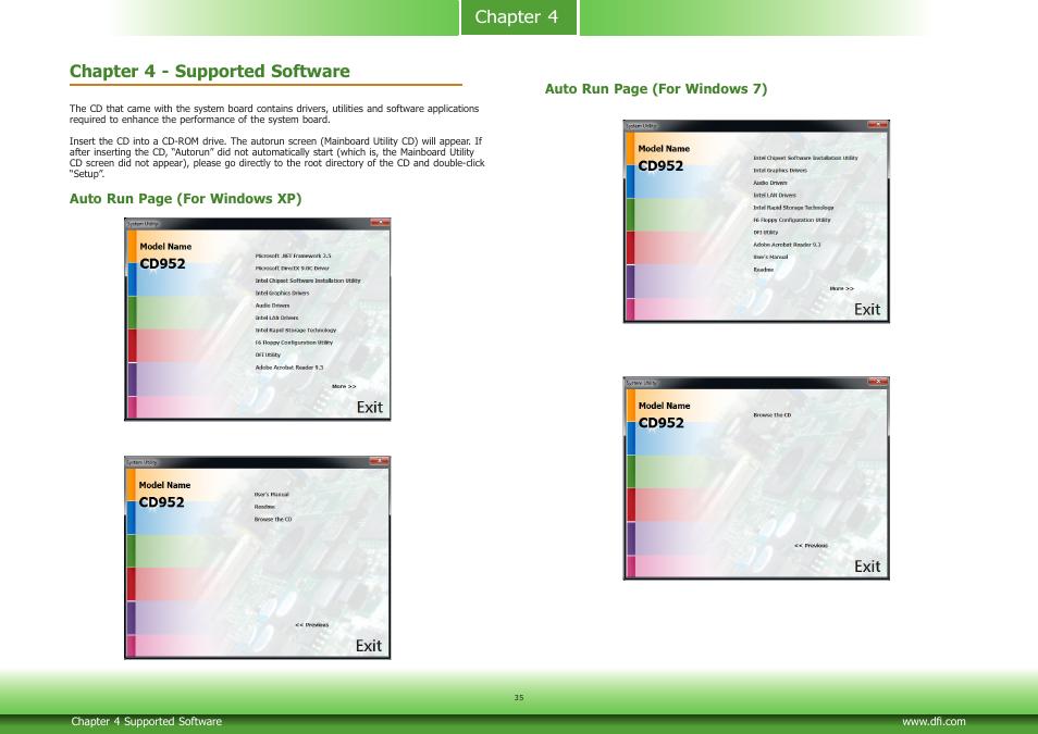 Chapter 4 -supported software, Chapter 4 chapter 4 - supported software | DFI CD952 series User Manual | Page 35 / 69