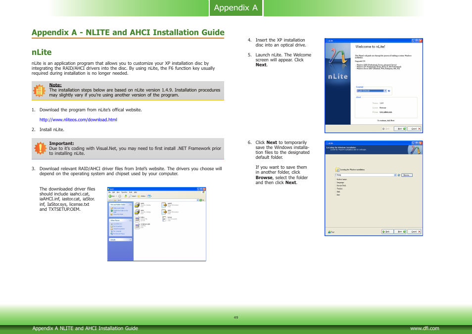 Appendix a- nlite and ahci installation guide | DFI CD952 series User Manual | Page 49 / 69