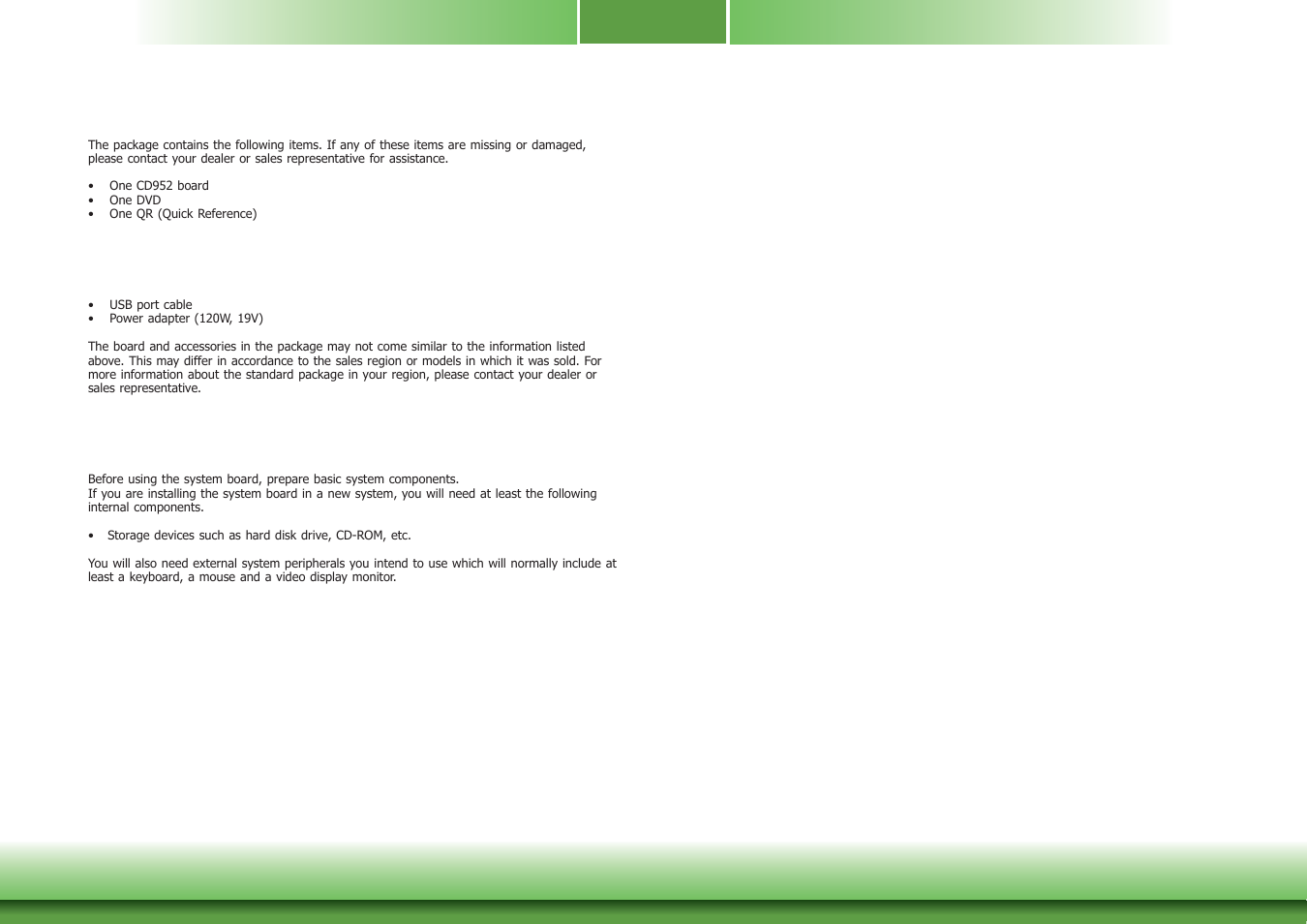 About the package, Before using the system board, Optional items | DFI CD952 series User Manual | Page 5 / 69