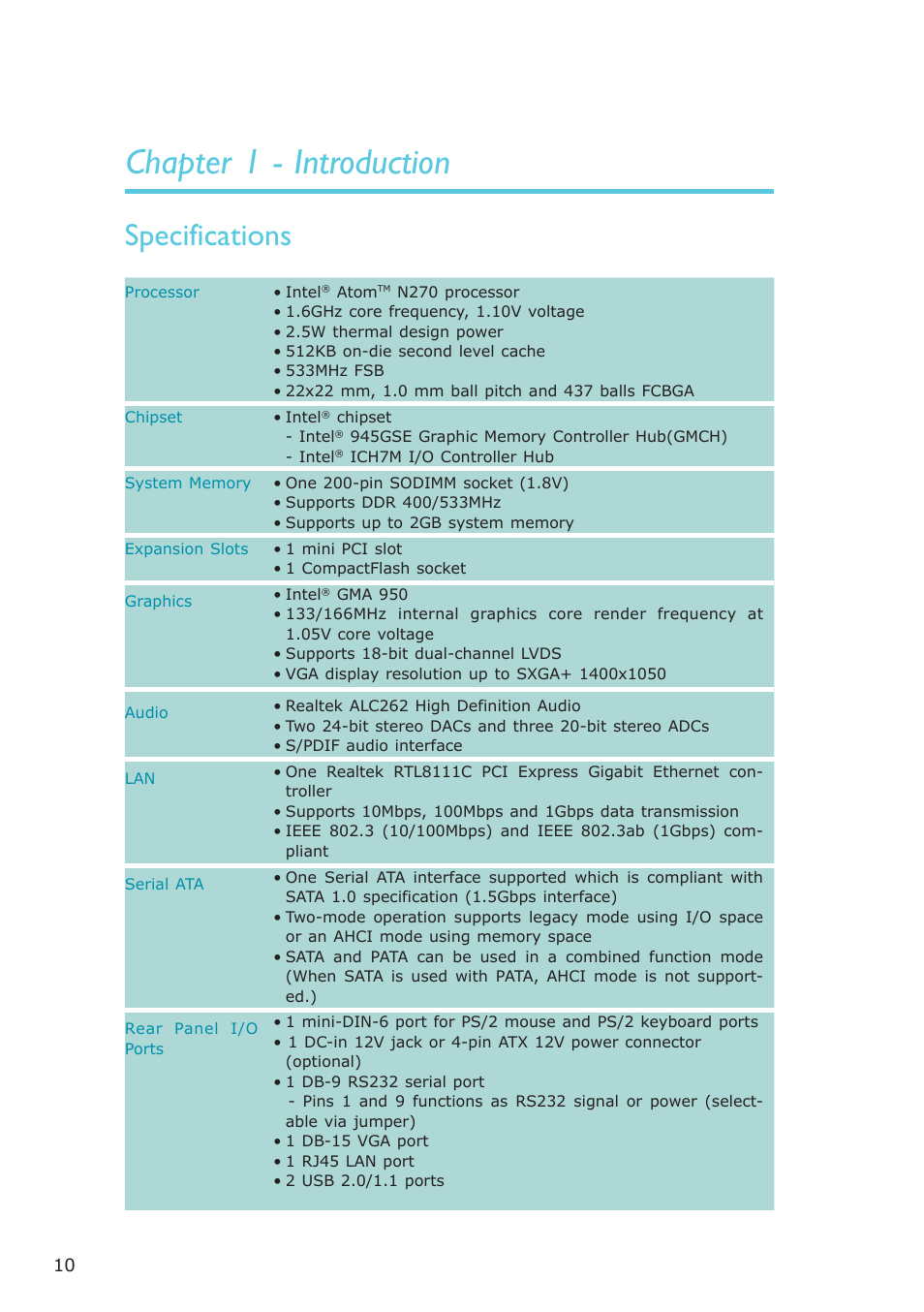 Chapter 1 - introduction, Specifications, Introduction | DFI NP951-B16C User Manual | Page 10 / 129
