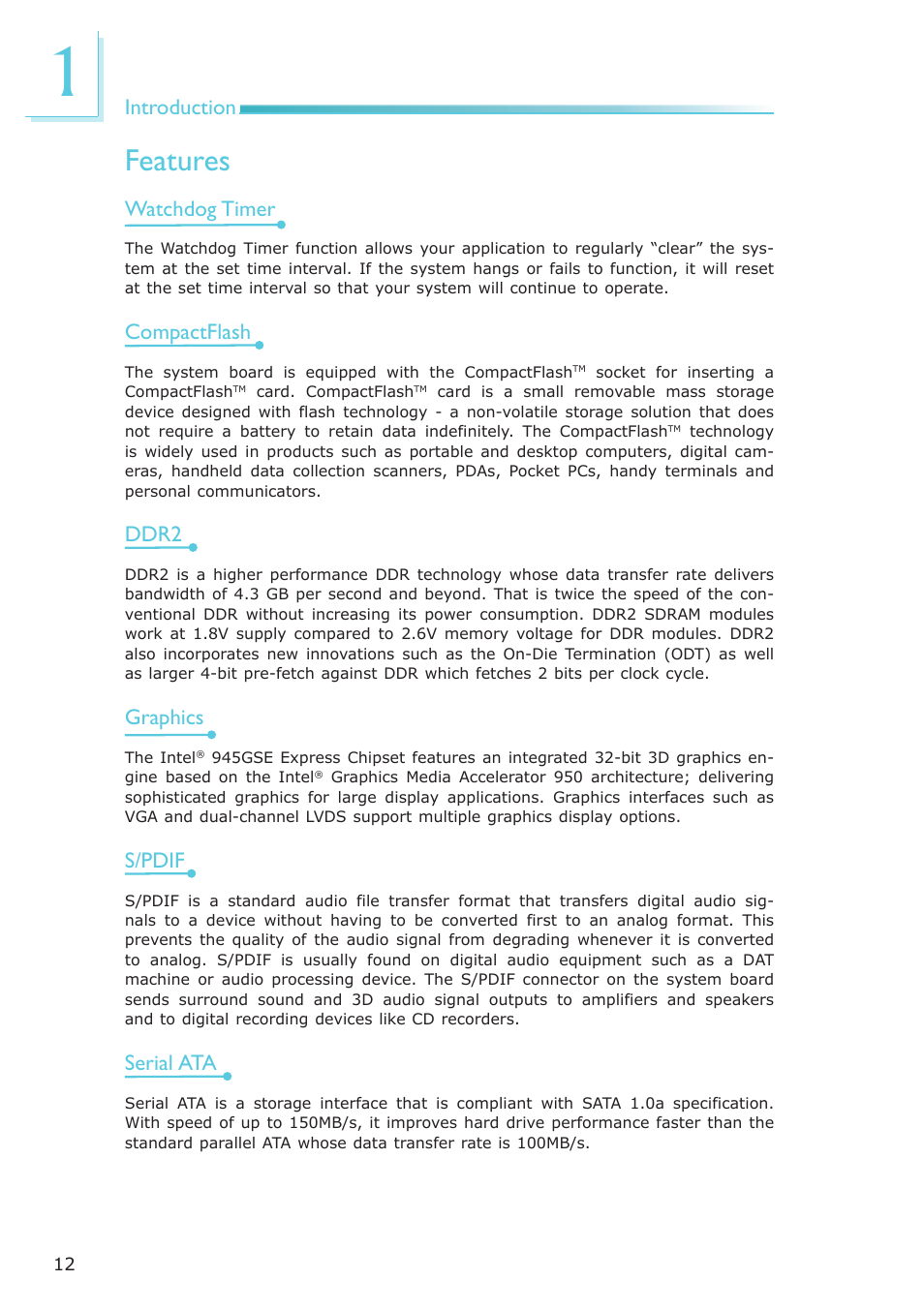 Features, Introduction, Watchdog timer | Compactflash, Ddr2, Graphics, S/pdif, Serial ata | DFI NP951-B16C User Manual | Page 12 / 129