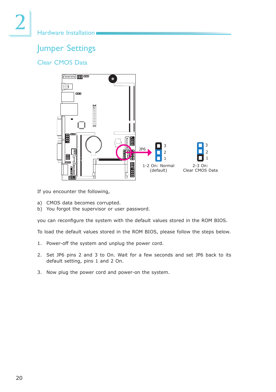 Jumper settings, Hardware installation, Clear cmos data | DFI NP951-B16C User Manual | Page 20 / 129