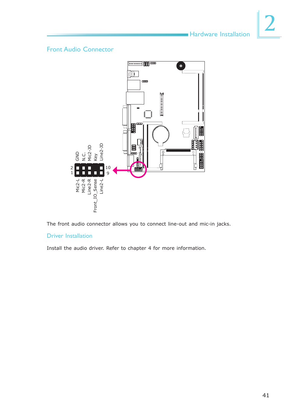 Hardware installation front audio connector | DFI NP951-B16C User Manual | Page 41 / 129