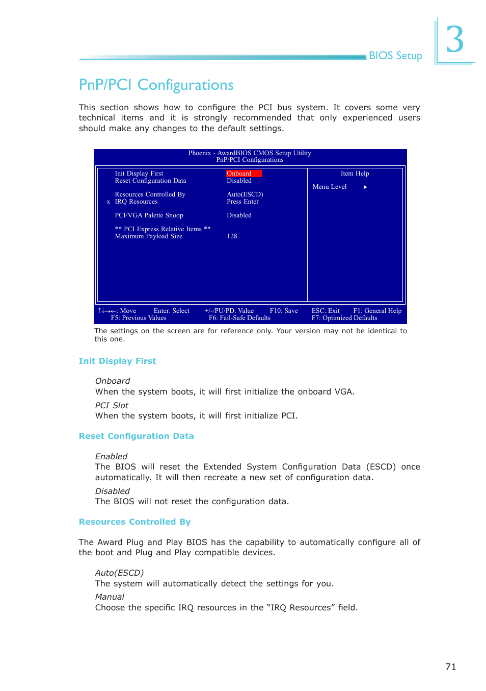 Pnp/pci configurations, Bios setup | DFI NP951-B16C User Manual | Page 71 / 129