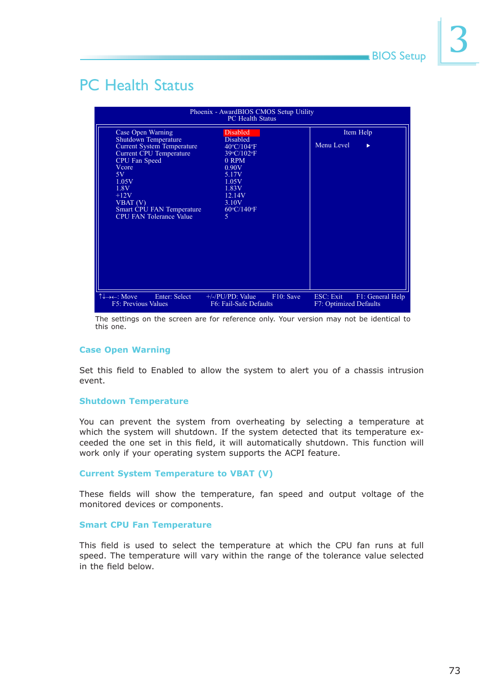 Pc health status, Bios setup | DFI NP951-B16C User Manual | Page 73 / 129