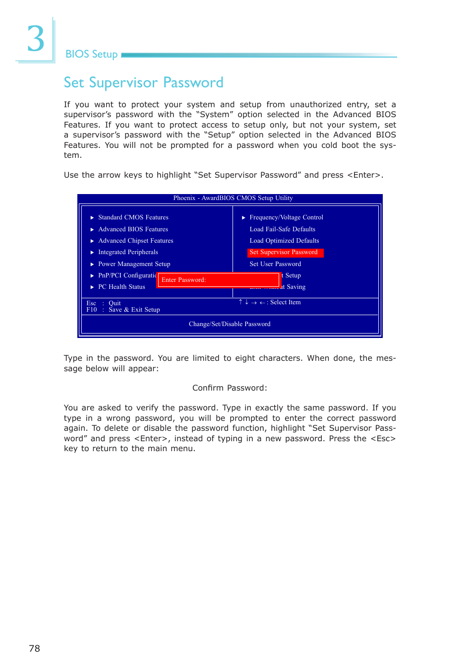 Set supervisor password, Bios setup | DFI NP951-B16C User Manual | Page 78 / 129