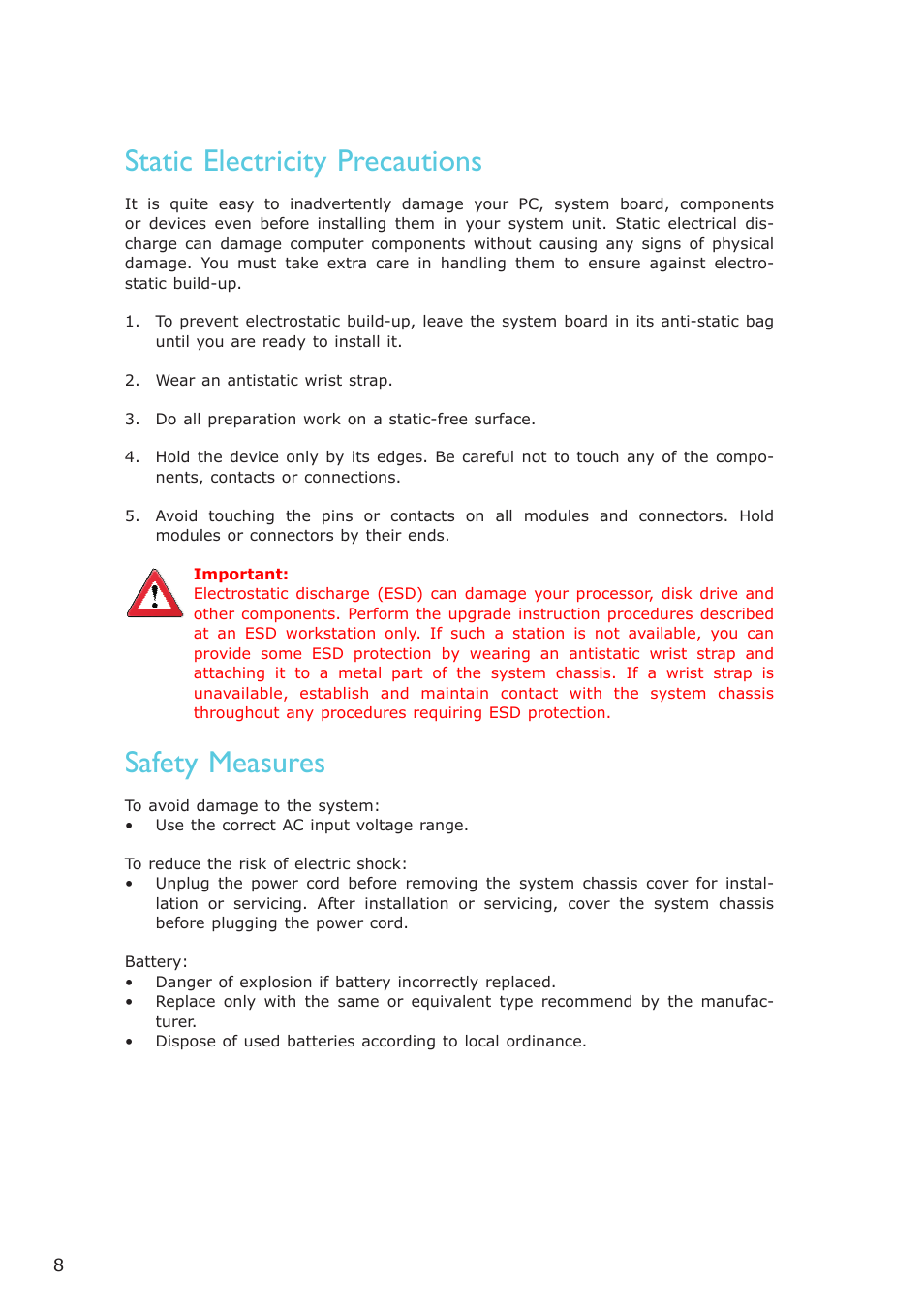 Static electricity precautions, Safety measures | DFI NP951-B16C User Manual | Page 8 / 129