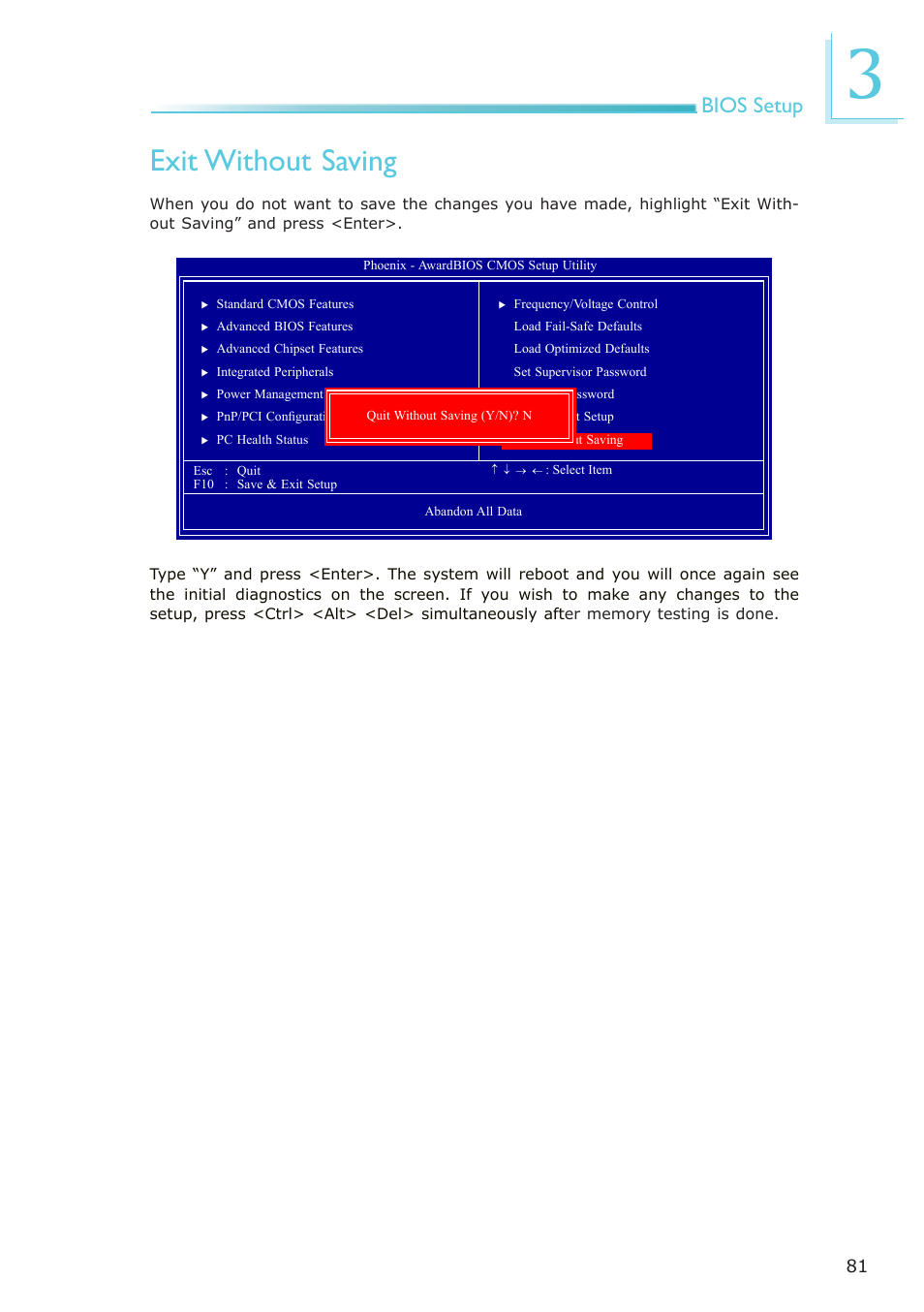 Exit without saving, Bios setup | DFI NP951-B16C User Manual | Page 81 / 129