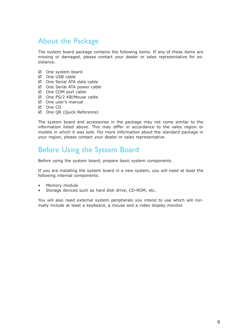 About the package, Before using the system board | DFI NP951-B16C User Manual | Page 9 / 129