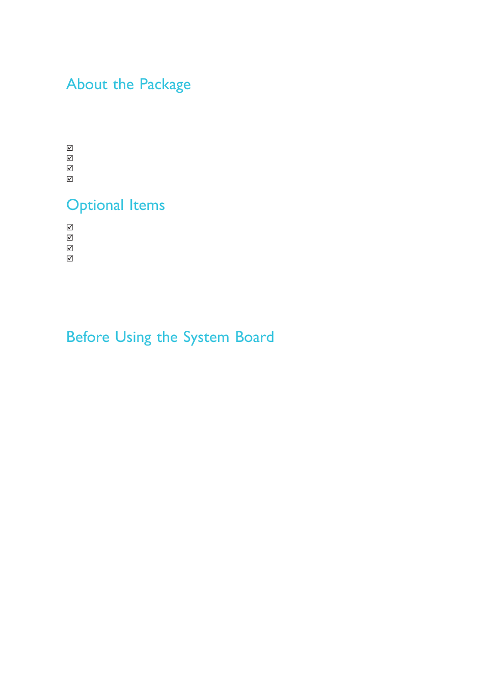 About the package, Before using the system board, Optional items | DFI OT951-D series User Manual | Page 8 / 107