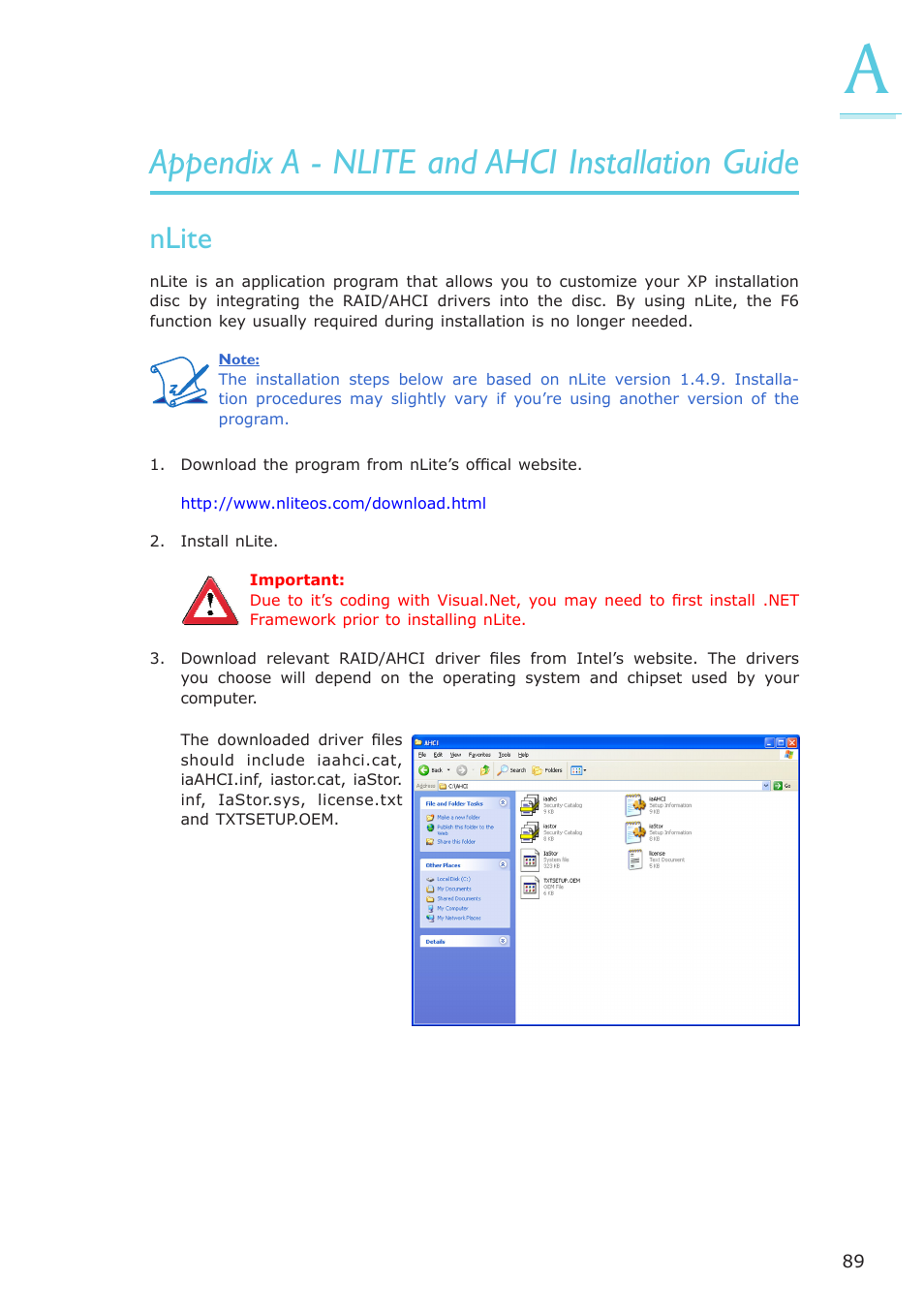 Appendix a - nlite and ahci installation guide, Nlite | DFI OT951-D series User Manual | Page 89 / 107