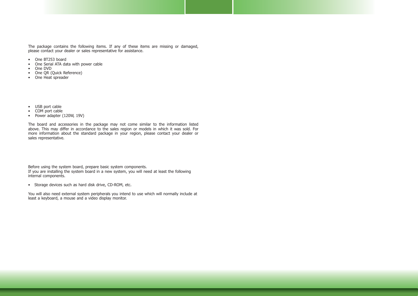 About the package, Before using the system board, Optional items | DFI BT253 User Manual | Page 5 / 62