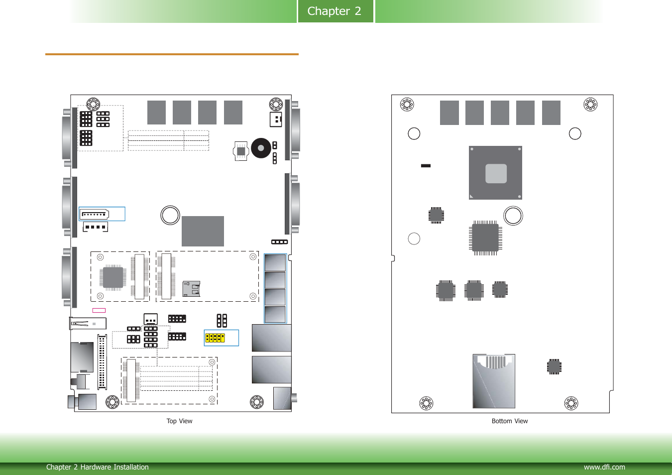 Chapter 2 - hardware installation, Board layout, Chapter 2 hardware installation | Intel atom, Top view bottom view | DFI BT253 User Manual | Page 9 / 62