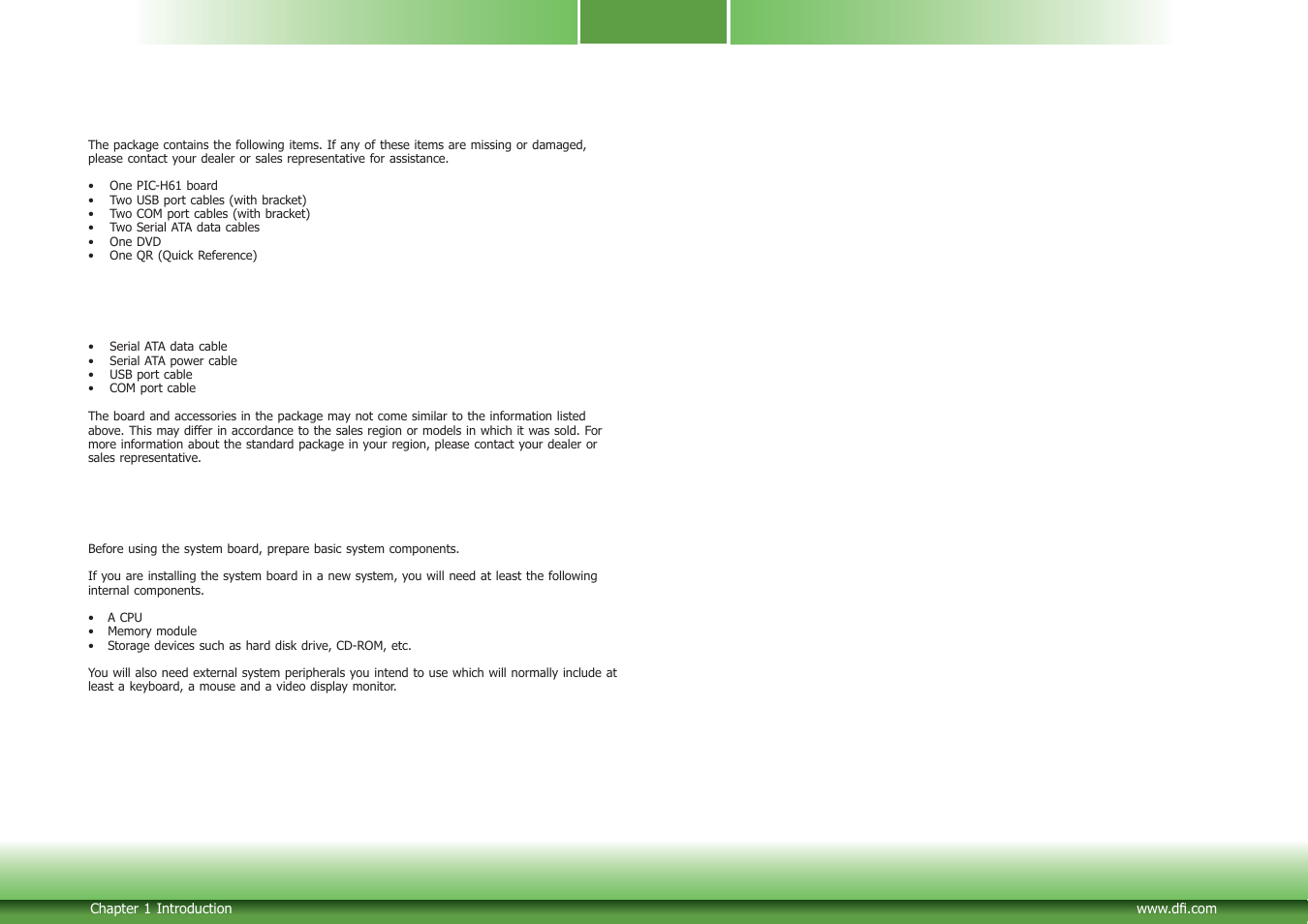 About the package, Before using the system board, Optional items | DFI PIC-H61 User Manual | Page 5 / 60