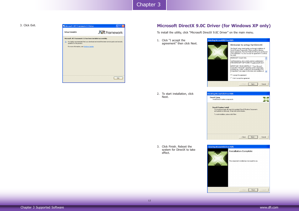 Microsoft directx 9.0c driver, Chapter 3 | DFI LEA6x6 series User Manual | Page 12 / 13
