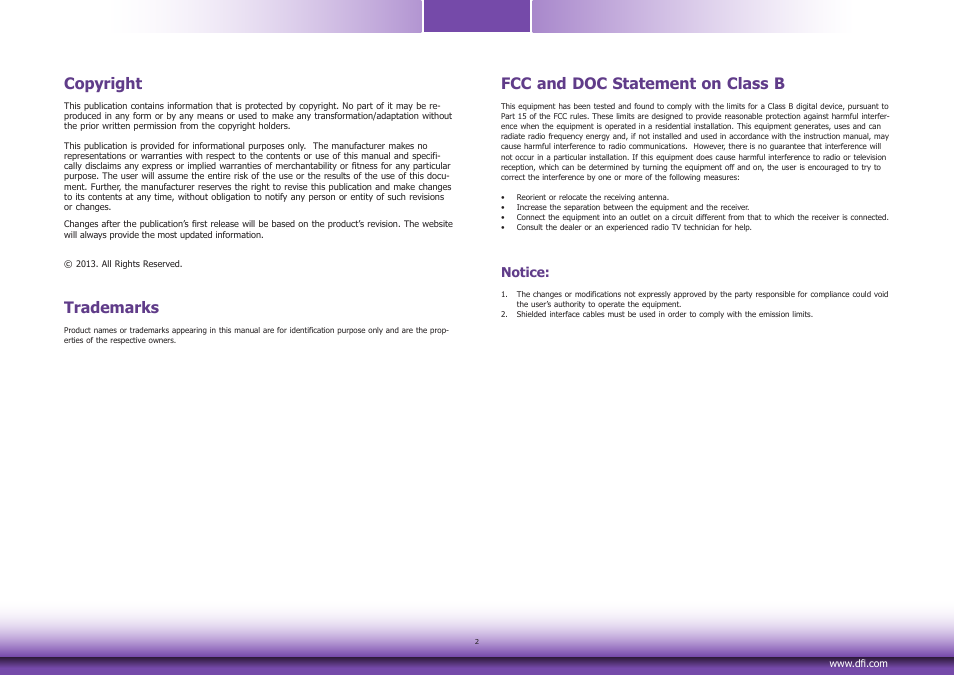 Copyright, Trademarks, Fcc and doc statement on class b | Notice | DFI LEA6x6 series User Manual | Page 2 / 13