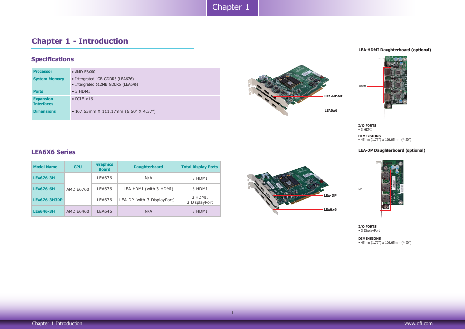 Chapter 1 - introduction, Specifications, Chapter 1 | Lea6x6 series | DFI LEA6x6 series User Manual | Page 6 / 13