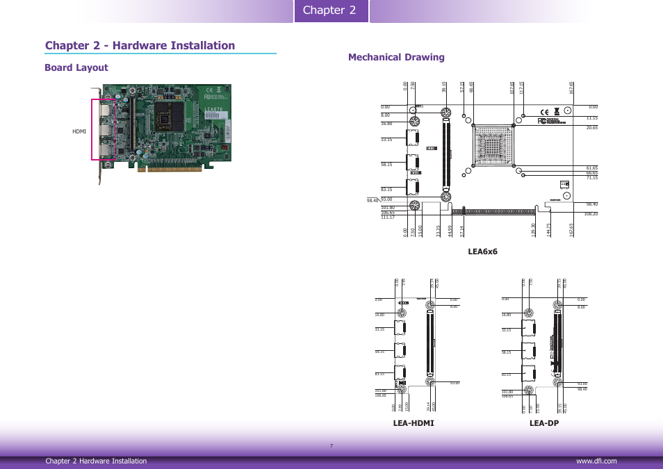 Chapter 2 - hardware installation, Board layout, Mechanical drawing | Chapter 2 chapter 2 - hardware installation, Lea6x6, Lea-hdmi, Lea-dp | DFI LEA6x6 series User Manual | Page 7 / 13