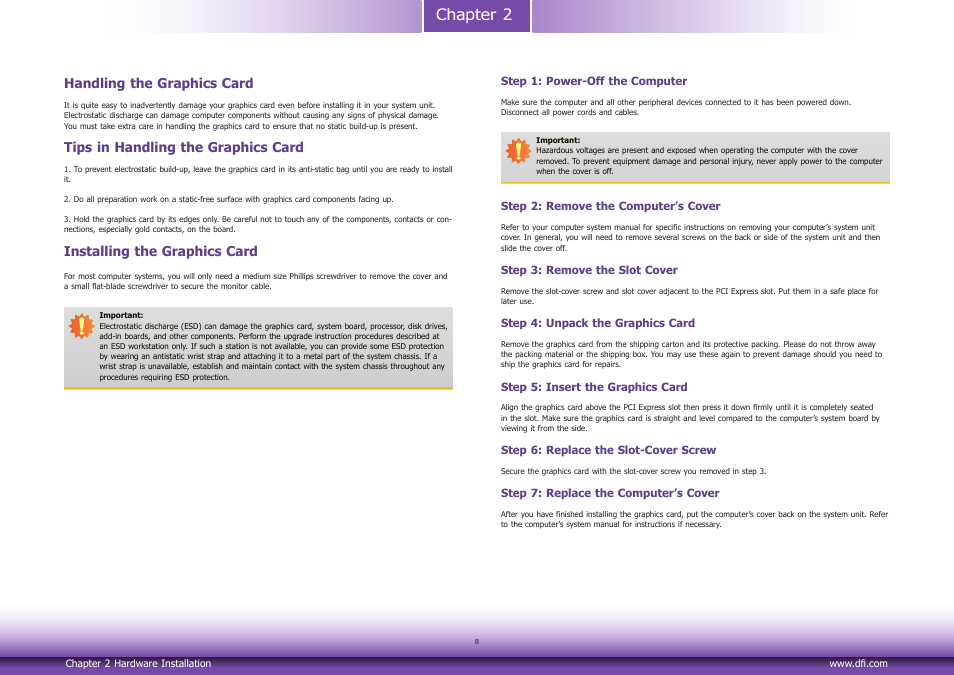 Handling the graphics card, Tips in handling the graphics card, Installing the graphics card | Chapter 2 | DFI LEA6x6 series User Manual | Page 8 / 13