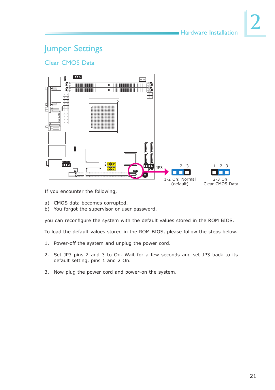 Jumper settings, Hardware installation, Clear cmos data | DFI AR100-DR User Manual | Page 21 / 112