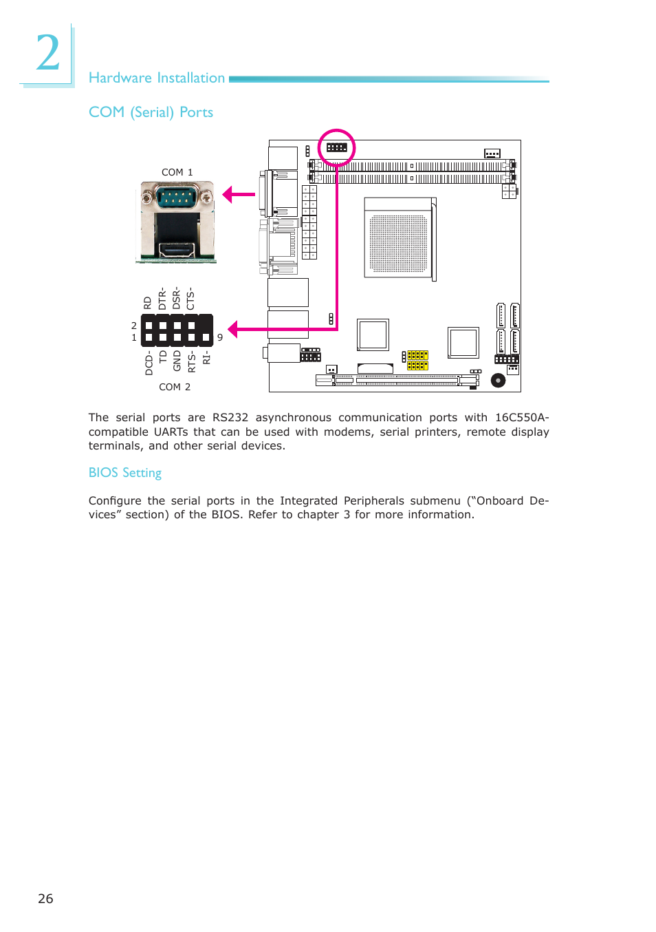 Hardware installation, Com (serial) ports, Bios setting | DFI AR100-DR User Manual | Page 26 / 112