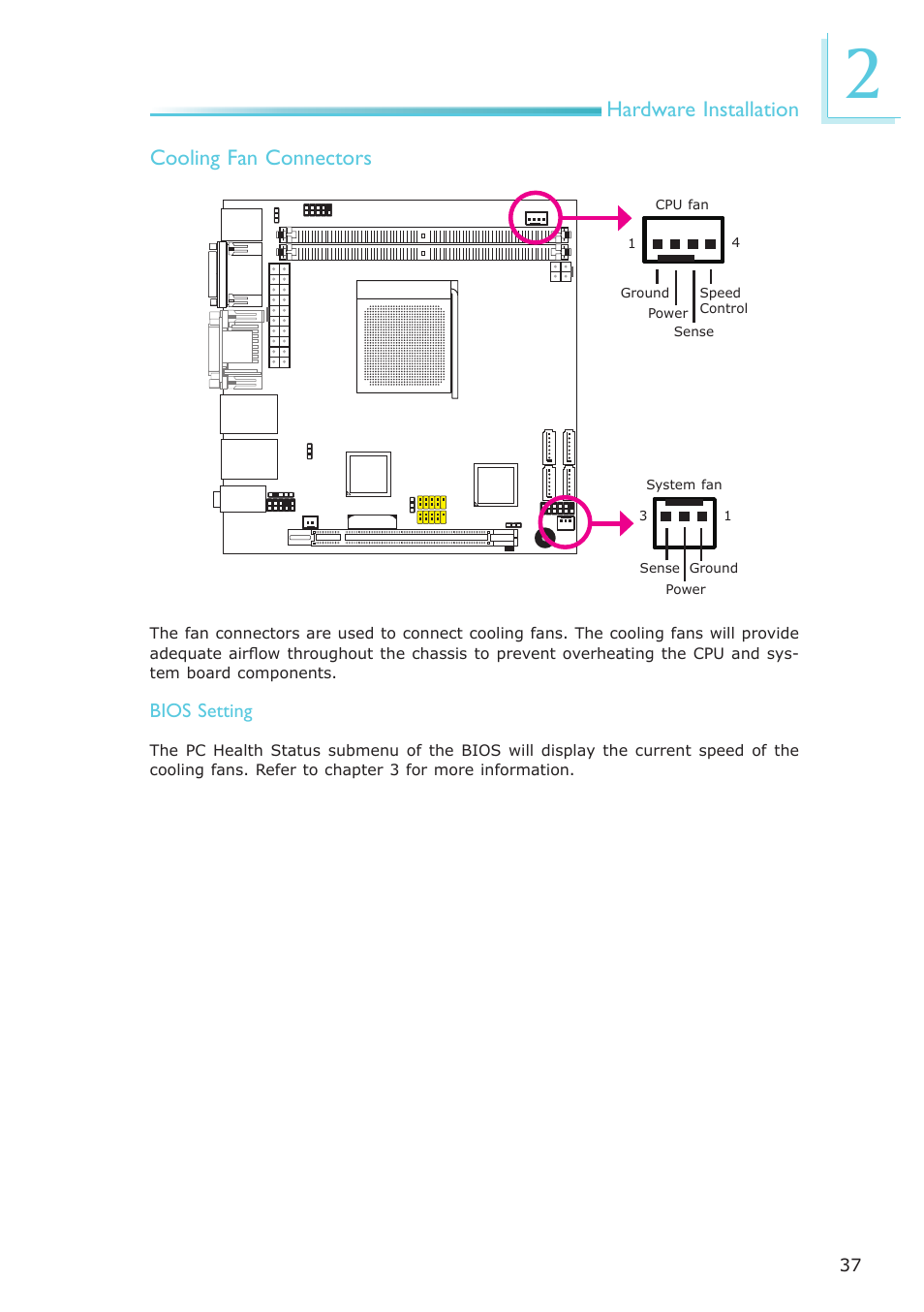 Hardware installation cooling fan connectors | DFI AR100-DR User Manual | Page 37 / 112