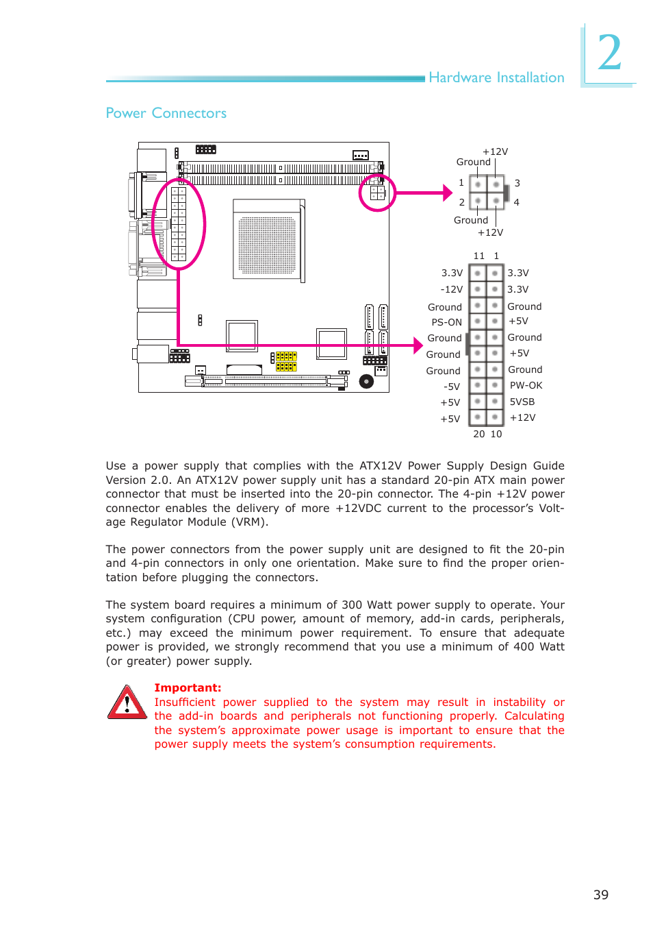 Hardware installation power connectors | DFI AR100-DR User Manual | Page 39 / 112