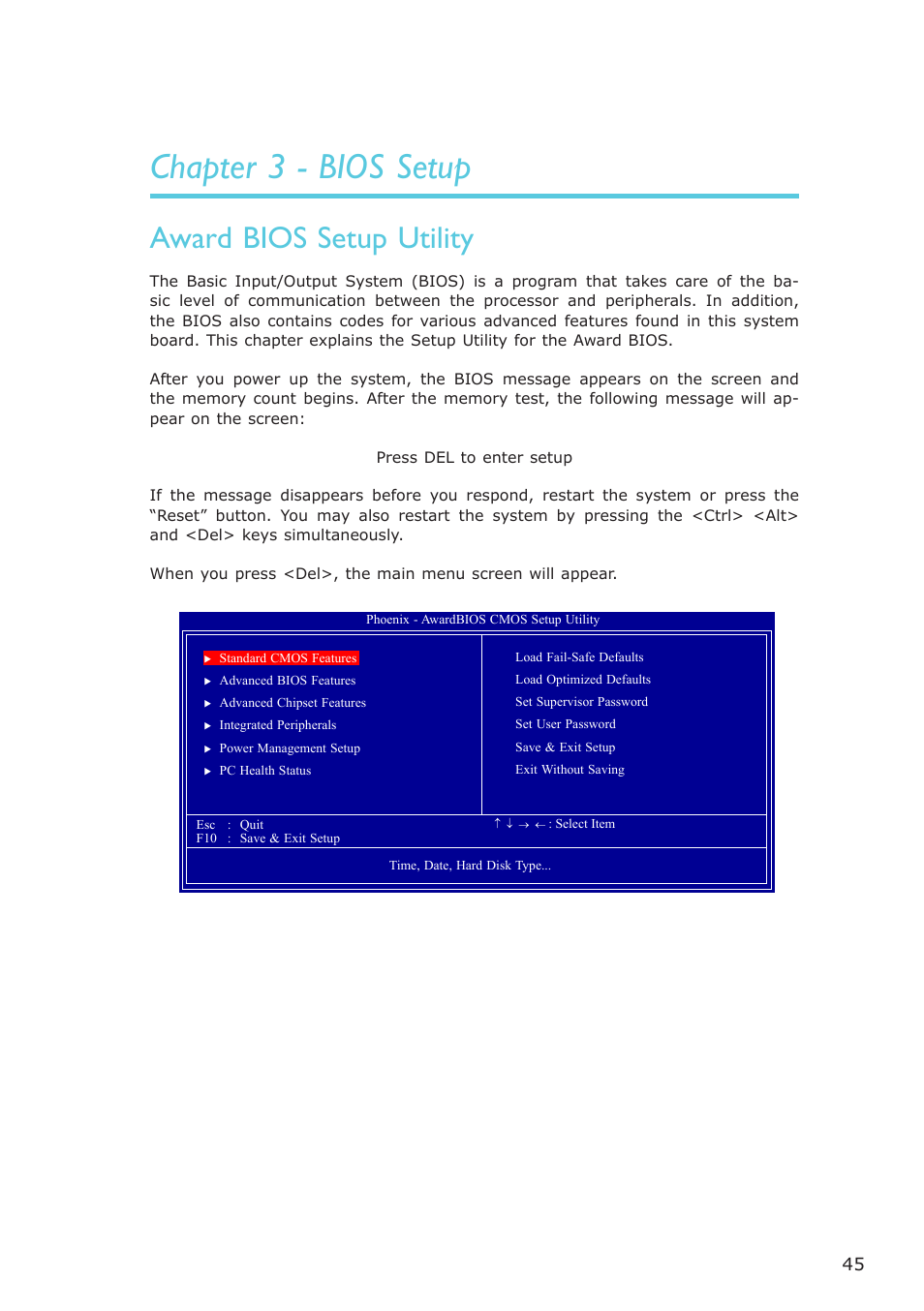 Chapter 3 - bios setup, Award bios setup utility, Bios setup | DFI AR100-DR User Manual | Page 45 / 112