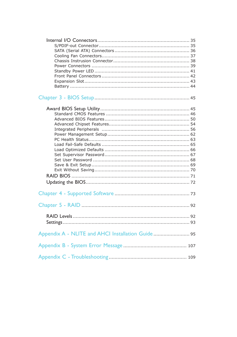 Chapter 3 - bios setup, Chapter 4 - supported software, Chapter 5 - raid | Appendix a - nlite and ahci installation guide, Appendix b - system error message, Appendix c - troubleshooting | DFI AR100-DR User Manual | Page 5 / 112