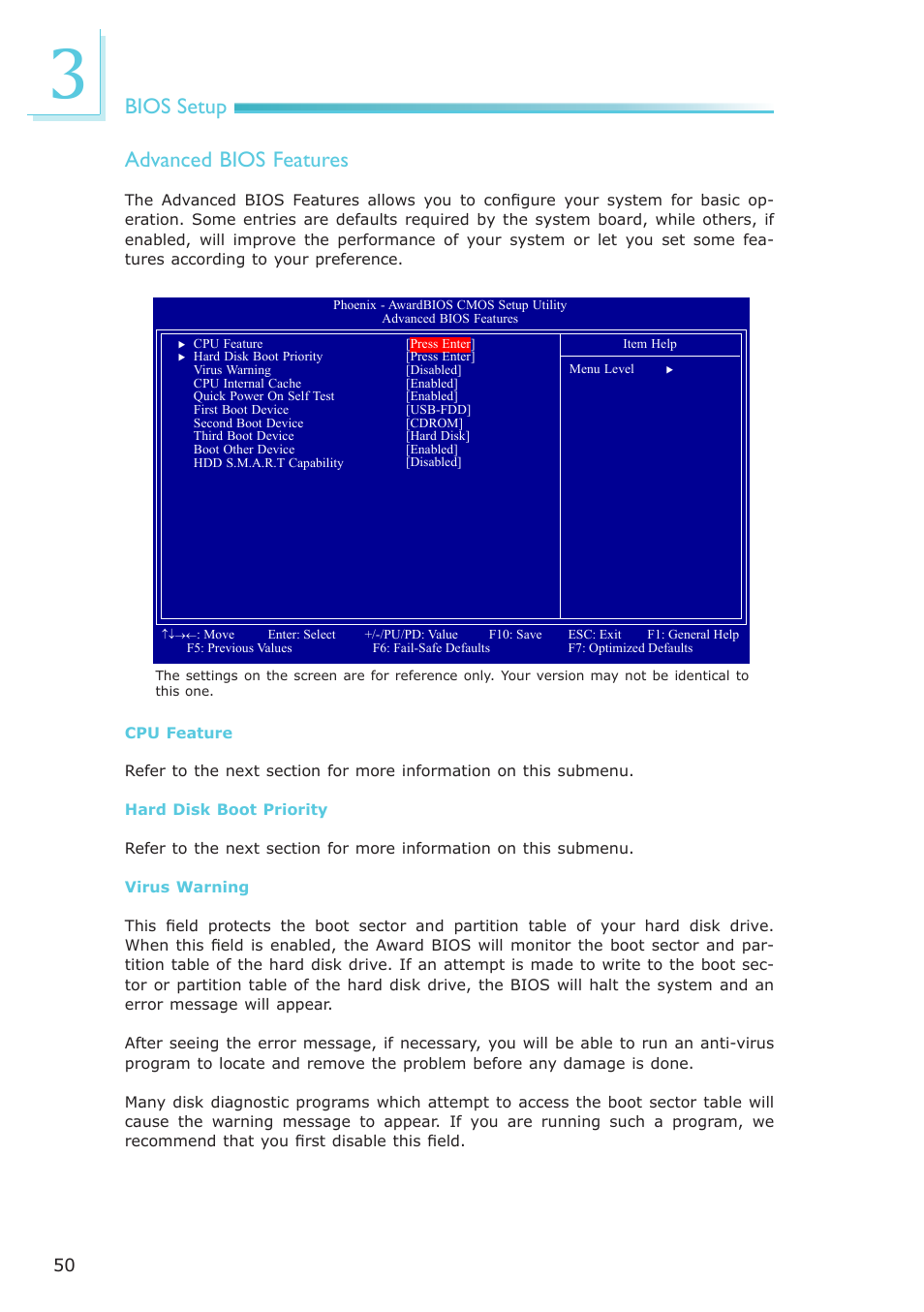 Bios setup, Advanced bios features | DFI AR100-DR User Manual | Page 50 / 112