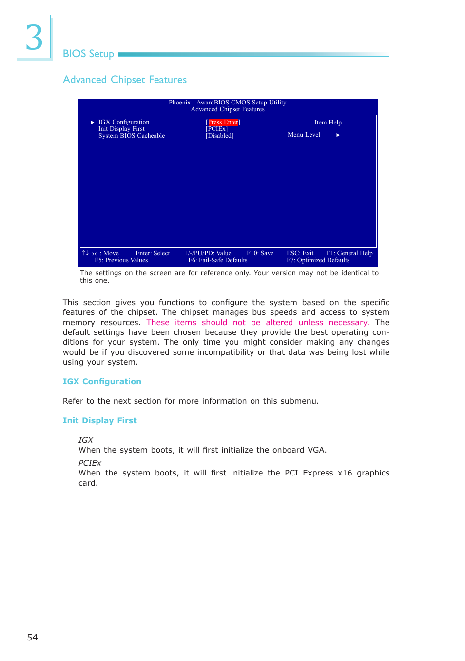 Bios setup, Advanced chipset features | DFI AR100-DR User Manual | Page 54 / 112