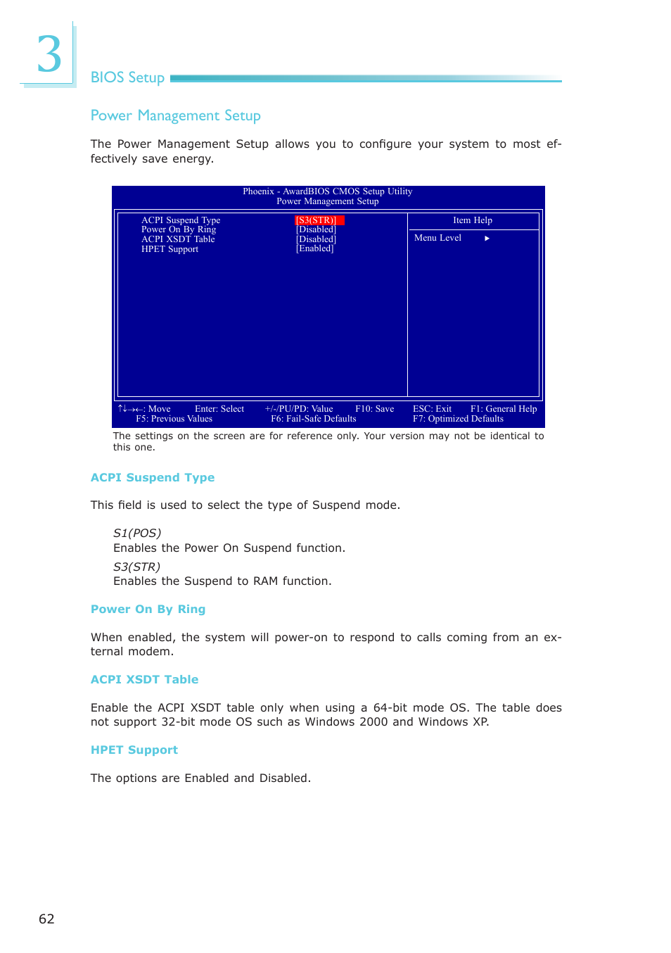 Bios setup power management setup | DFI AR100-DR User Manual | Page 62 / 112