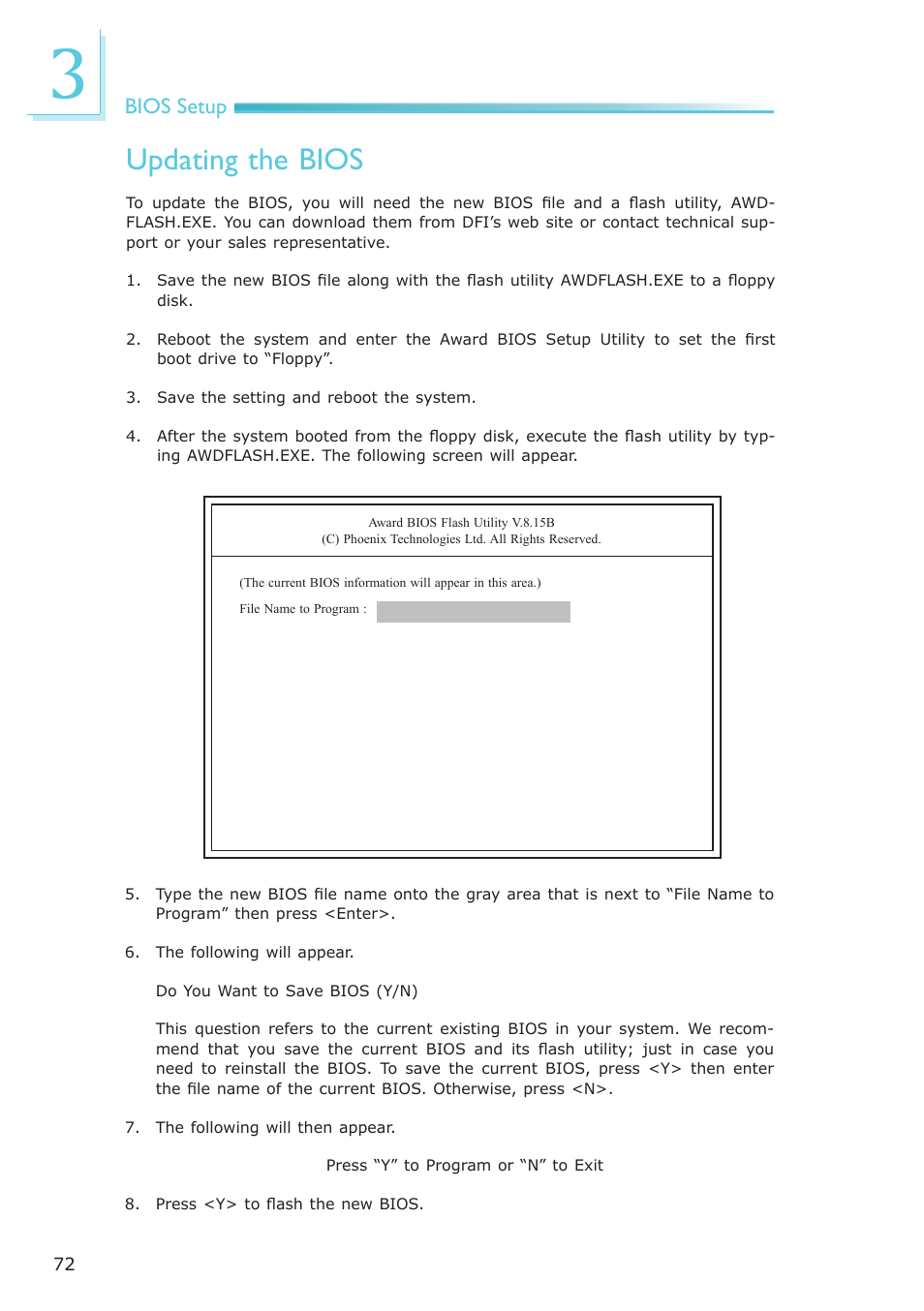 Updating the bios, Bios setup | DFI AR100-DR User Manual | Page 72 / 112