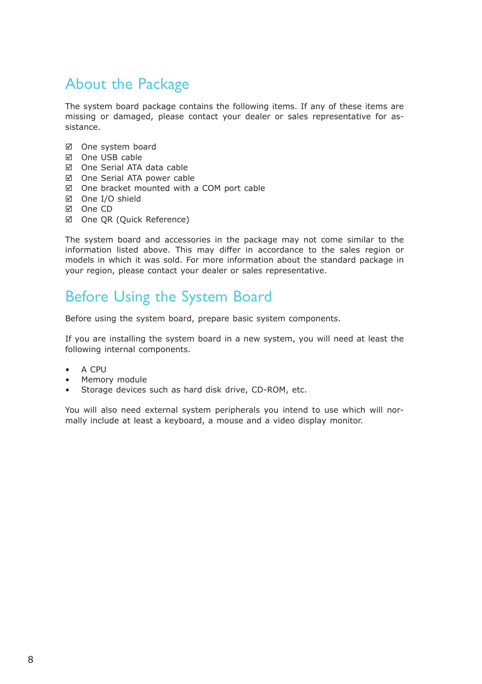 About the package, Before using the system board | DFI AR100-DR User Manual | Page 8 / 112