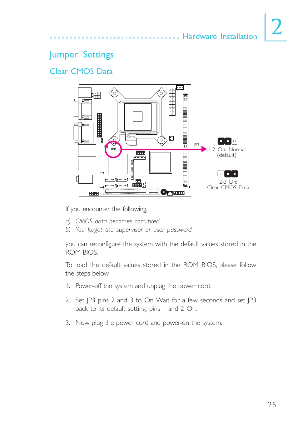 Jumper settings, Hardware installation, Clear cmos data | DFI BL100-NE/-PE User Manual | Page 25 / 127