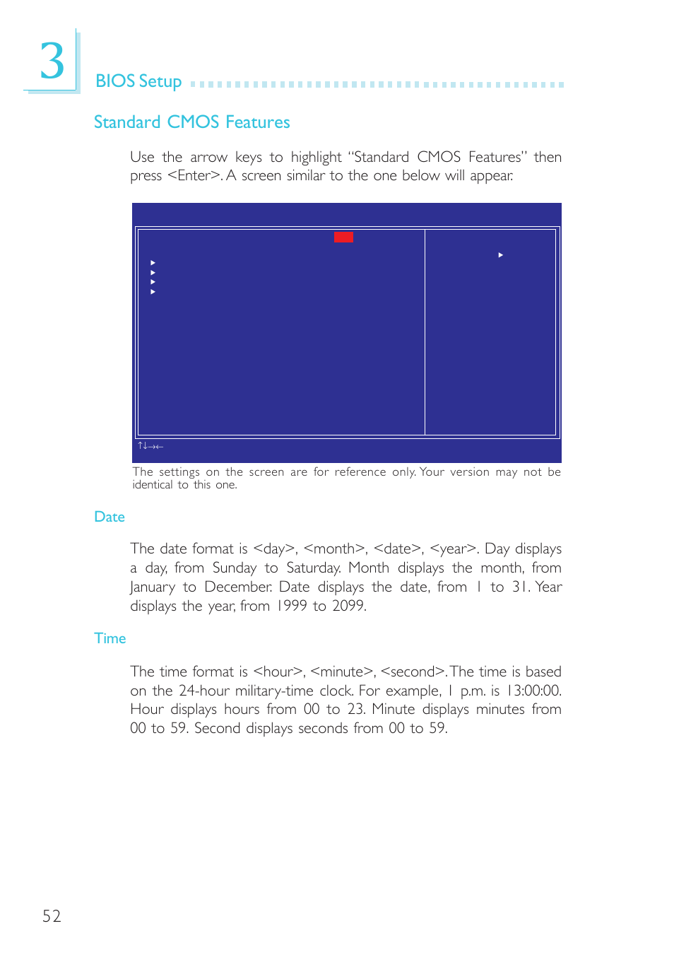 Bios setup, Standard cmos features | DFI BL100-NE/-PE User Manual | Page 52 / 127