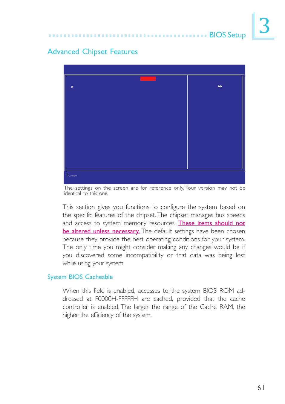 Bios setup advanced chipset features | DFI BL100-NE/-PE User Manual | Page 61 / 127