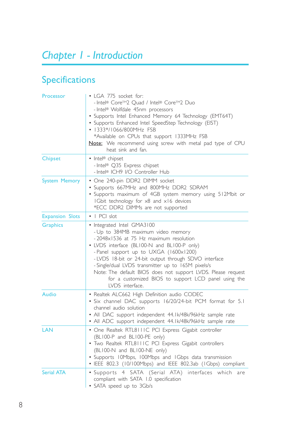 Chapter 1 - introduction, Specifications, Introduction | DFI BL100-NE/-PE User Manual | Page 8 / 127