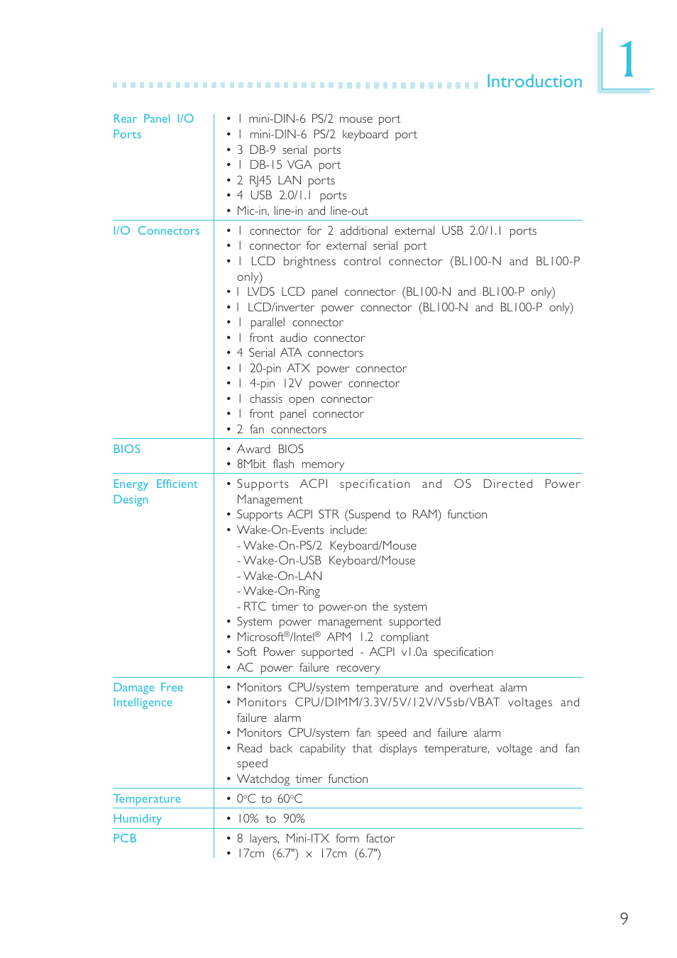 Introduction | DFI BL100-NE/-PE User Manual | Page 9 / 127