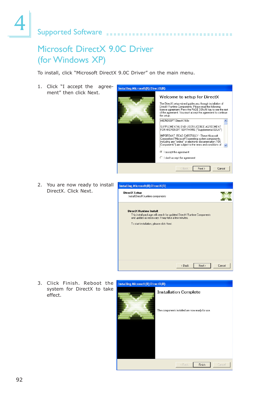 Microsoft directx 9.0c driver (for windows xp) | DFI BL100-NE/-PE User Manual | Page 92 / 127