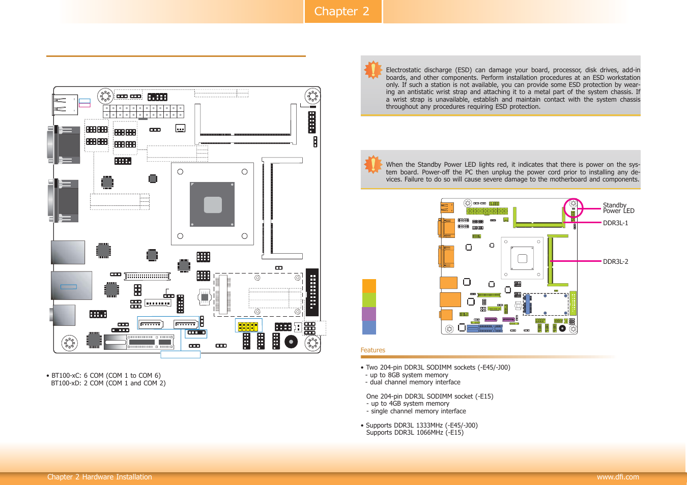 Chapter 2 - hardware installation, System board layout, System memory | Rear i/o onboard i/o storage expansion, Chapter 2 hardware installation, Intel atom | DFI BT100 User Manual | Page 9 / 71