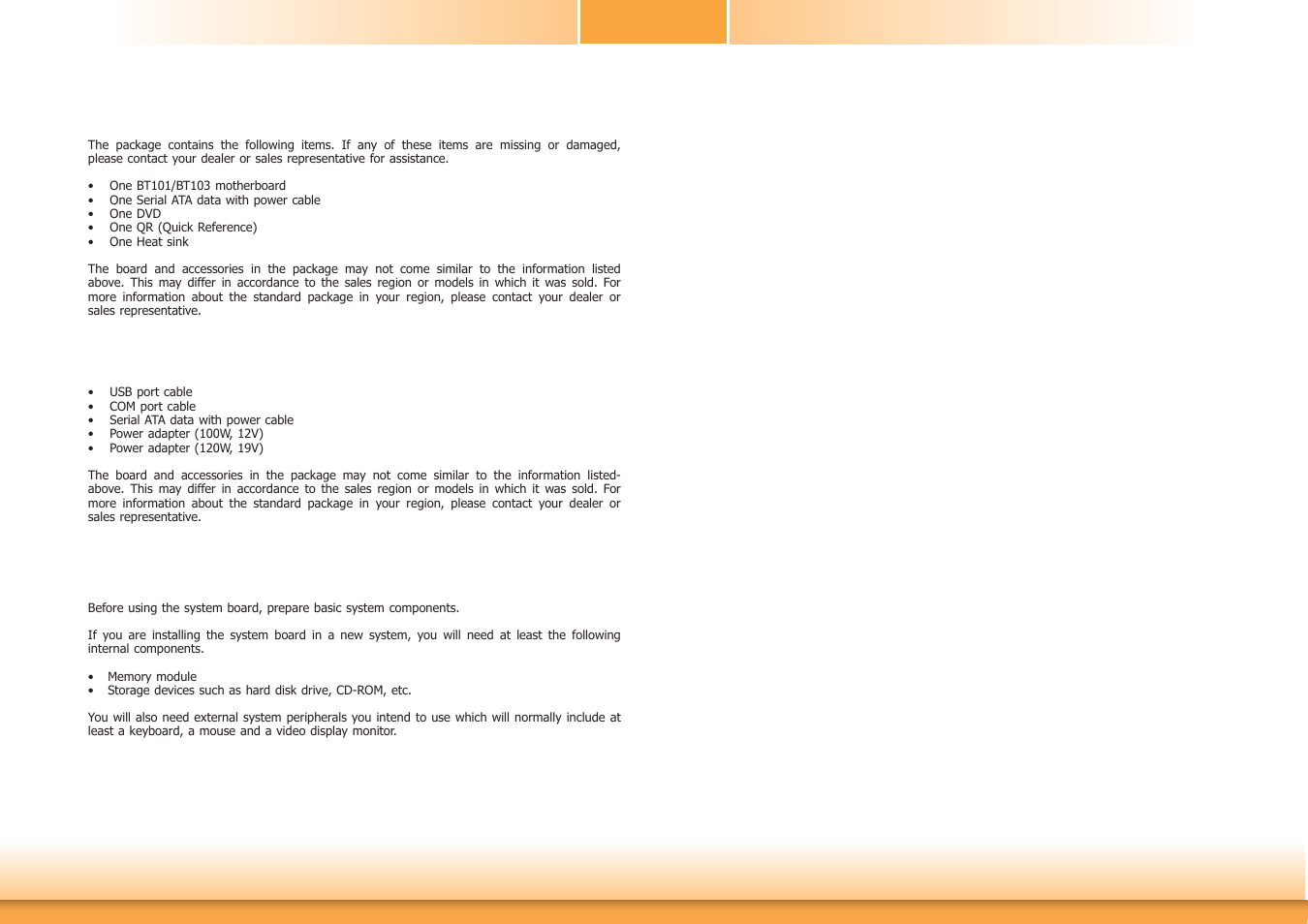 About the package, Before using the system board, Optional items | DFI BT101 User Manual | Page 5 / 72