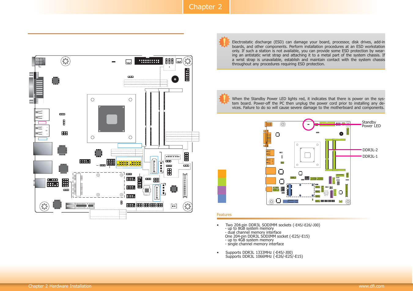 Chapter 2 - hardware installation, System board layout, System memory | Rear i/o onboard i/o storage expansion, Chapter 2 hardware installation, Features • two 204-pin ddr3l sodimm sockets, Ddr3l-1 ddr3l-2 standby power led, Intel | DFI BT101 User Manual | Page 9 / 72