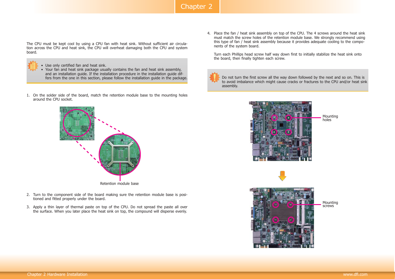 Installing the fan and heat sink, Chapter 2 installing the fan and heat sink | DFI BT160 User Manual | Page 12 / 71