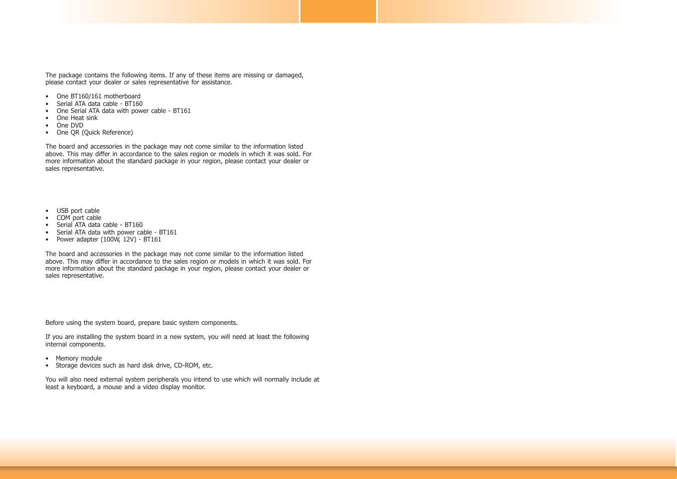 About the package, Before using the system board, Optional items | DFI BT160 User Manual | Page 5 / 71